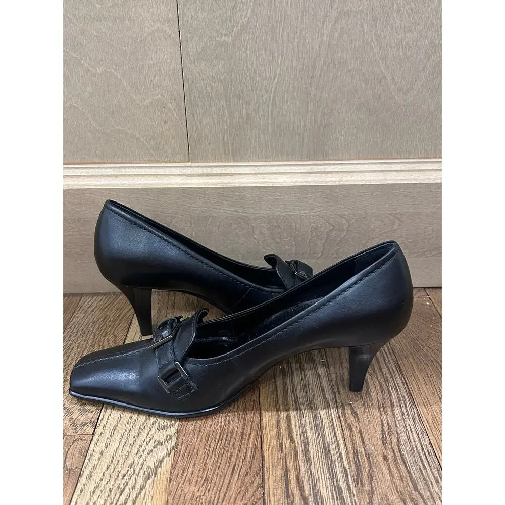 Franco Sarto Black Leather Heeled Loafers Pumps 6.5 Square Toe Preppy Y2K Office